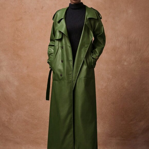 Green Elegant Women's Lapel Polyurethane faux leather Coat - Picture 3 of 8
